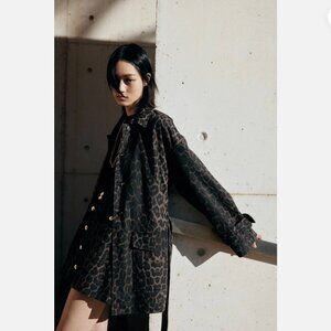 NWT H&M Animal Print Tie Belted Denim Shacket Jacket Dark Brown Leopard Print S